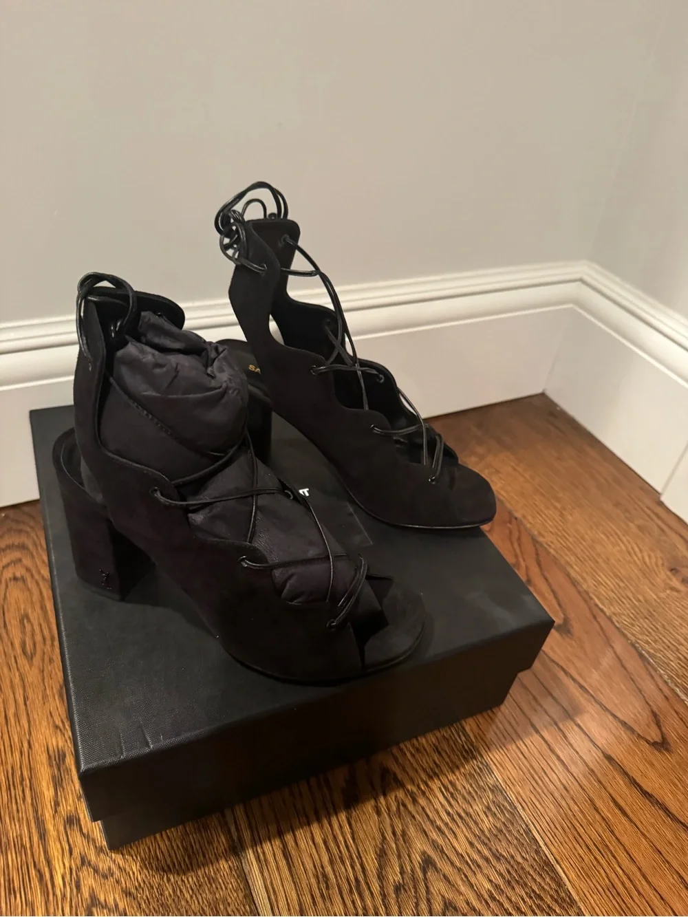 Saint Laurent Black Suede Lace-Up Peep-Toe Heels with Ankle Wrap - Picture 2 of 5